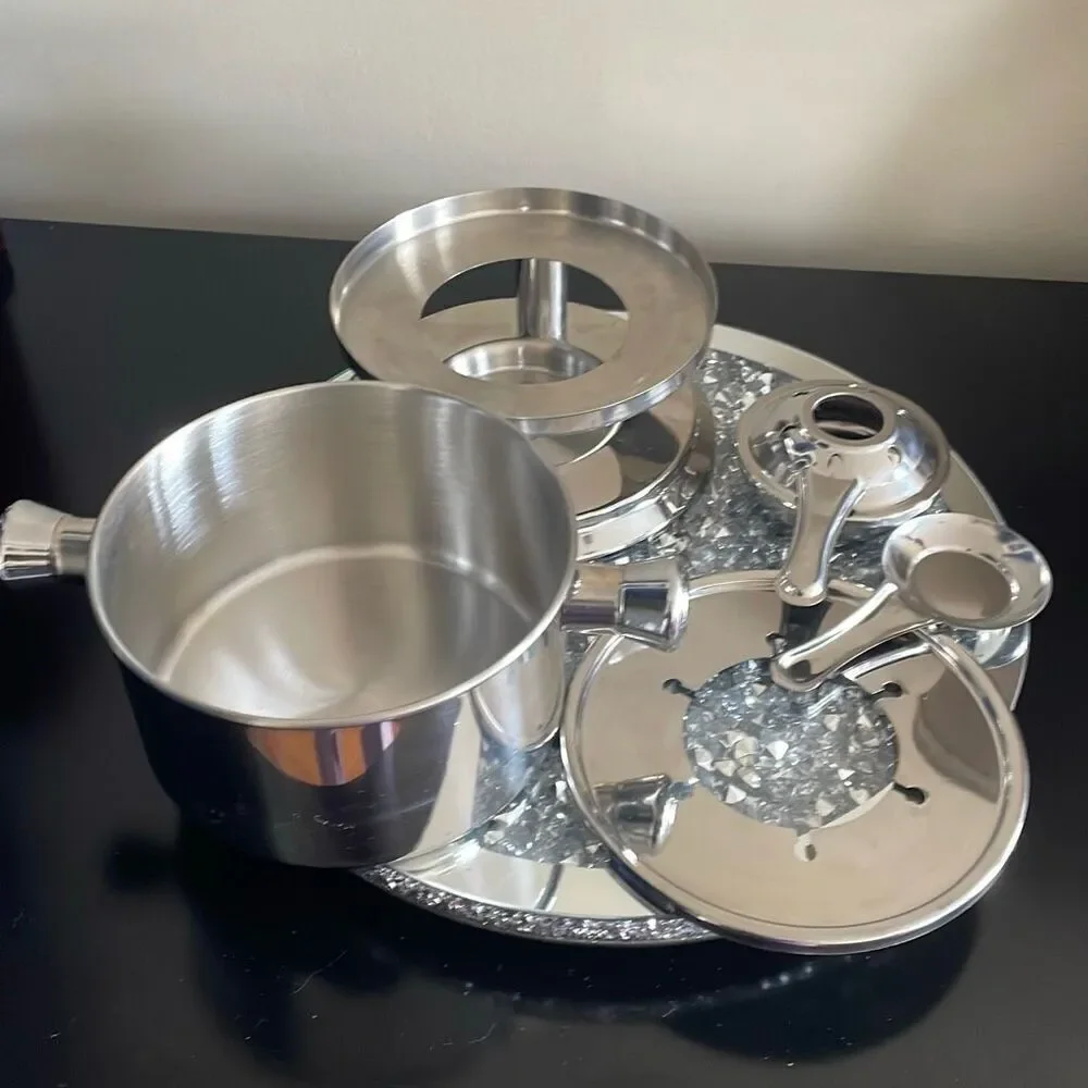 Sagaform small portable silver stainless steel fondue set with out forks preown
